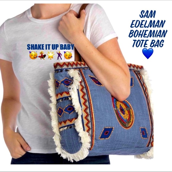 NWT Sam Edelman Denim Tote Bag With Vibrant Geometric Shape Trim - Picture 6 of 14